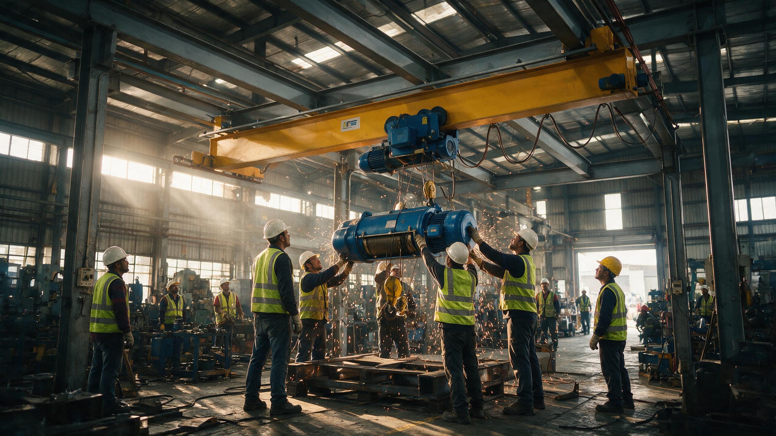 Technicians installing an overhead crane and hoist on a live plant floor